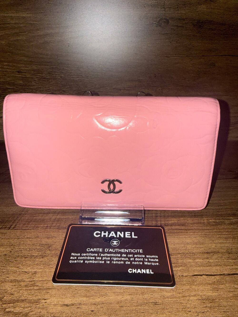 Chanel Camellia Embossed Pink Lambskin Long Yen Wallet professionally recolored